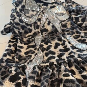 Girls' Black & White Leopard Print Casual Dress with Silver Sequin Bow